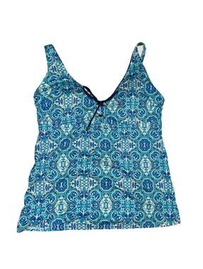Lands' End 12 Blue Paisley Tankini Swimsuit Top built in Bra Coastal Blue Resort